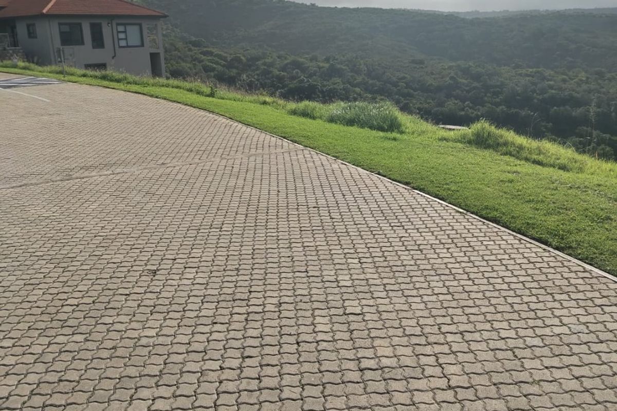 A scenic view overlooking a lush green valley with a paved driveway and landscaped verge in the foreground.