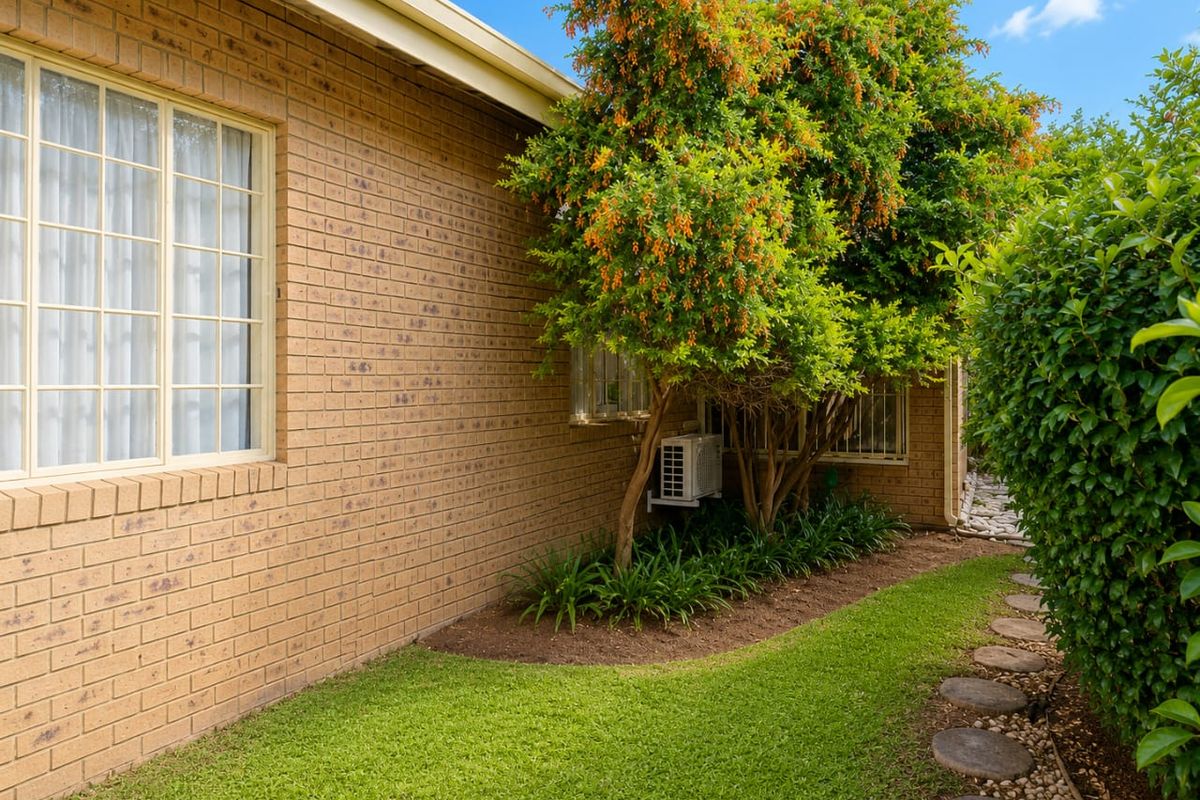 A well-maintained rear exterior view featuring a brick facade, established garden landscaping, stone pathway, and an integrated air conditioning unit.