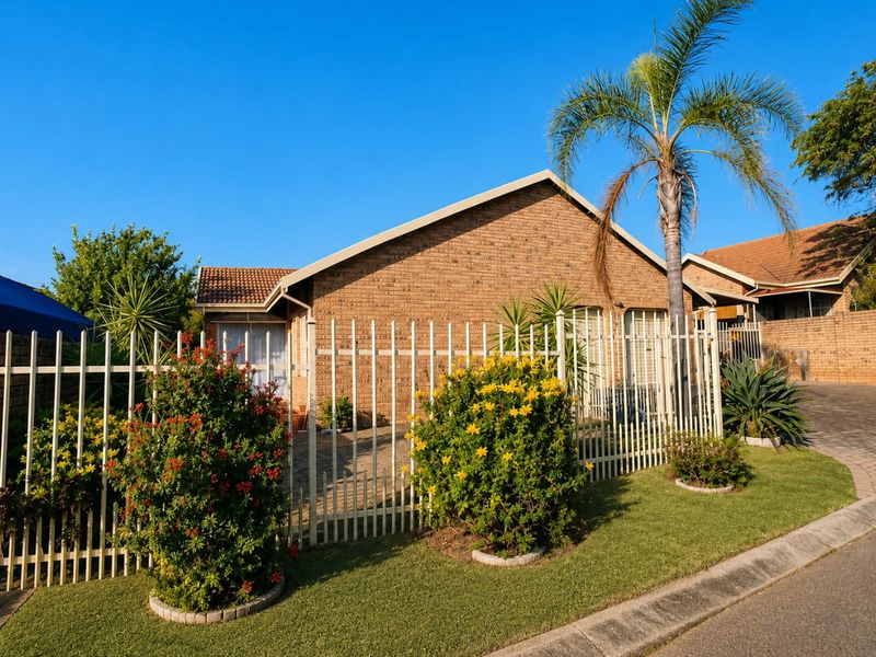 A well-maintained single-story brick house featuring a tiled roof, secure metal fencing, and a neat front garden with a paved driveway.