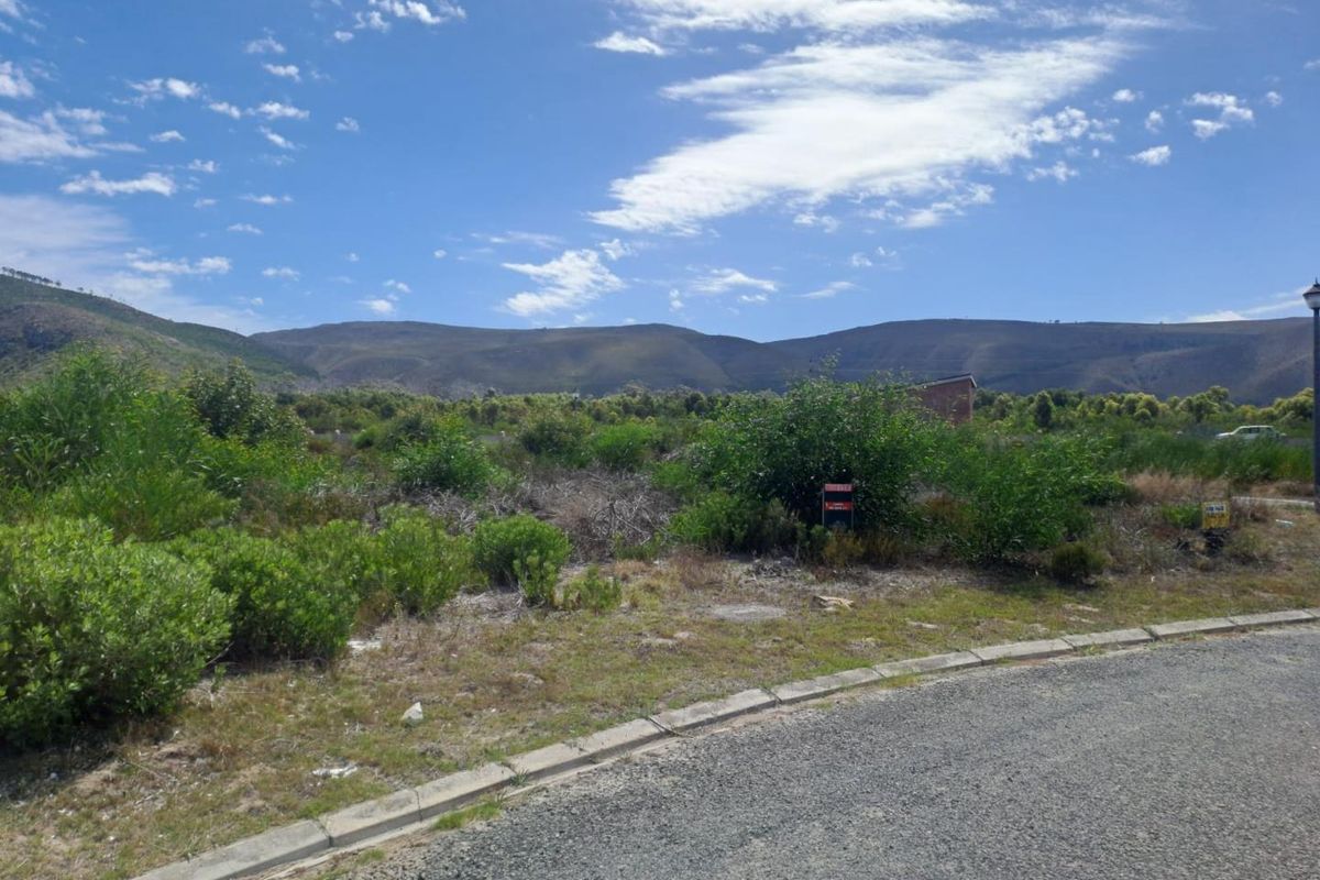 A vacant residential plot featuring native vegetation, accessible via a paved road with concrete curbing, set against a scenic mountain backdrop.