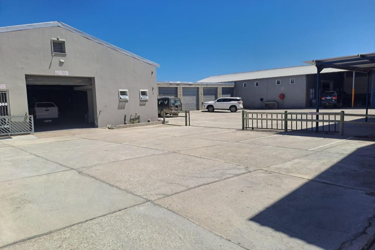 Spacious industrial yard featuring concrete paving, multiple roller shutter access points, and covered parking areas suitable for commercial operations.