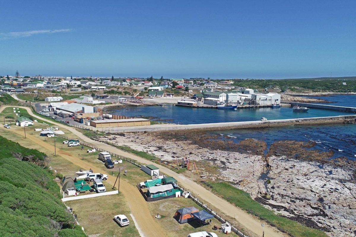 Aerial view of the coastal harbour area, featuring the jetty, surrounding shoreline, and adjacent commercial infrastructure.