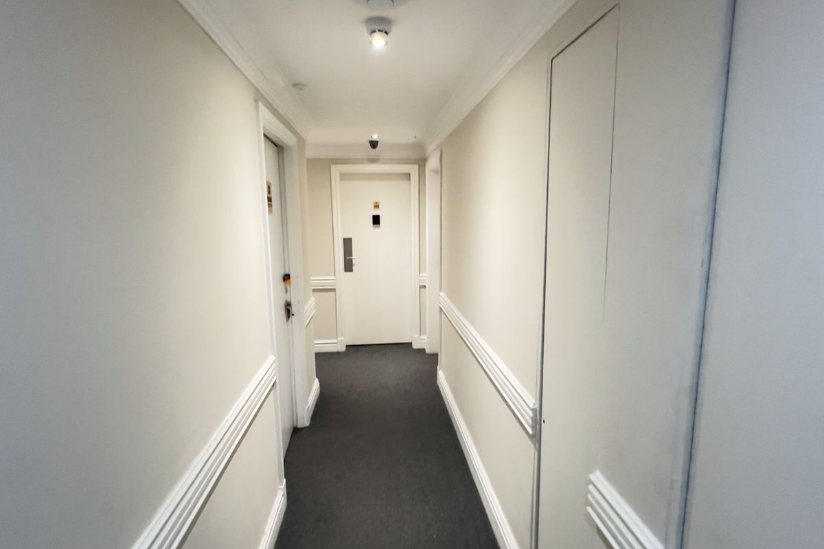 A clean, well-maintained apartment hallway featuring neutral walls with wainscoting, crown molding, and carpeted flooring.