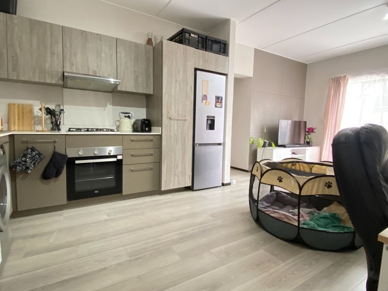 Open-plan living area featuring a modern kitchen with built-in cabinetry, gas hob, oven, and light laminate flooring throughout the combined space.
