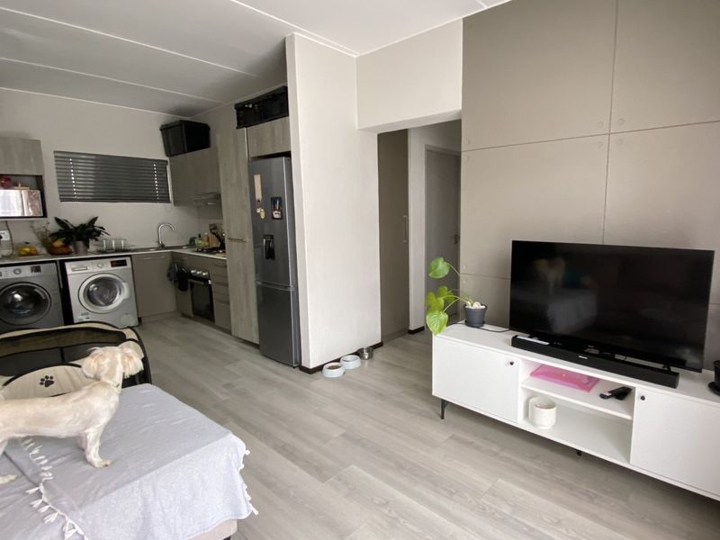 Open-plan living area featuring a modern kitchen with built-in cabinetry, integrated appliances, and a stylish feature wall, finished with light laminate flooring.