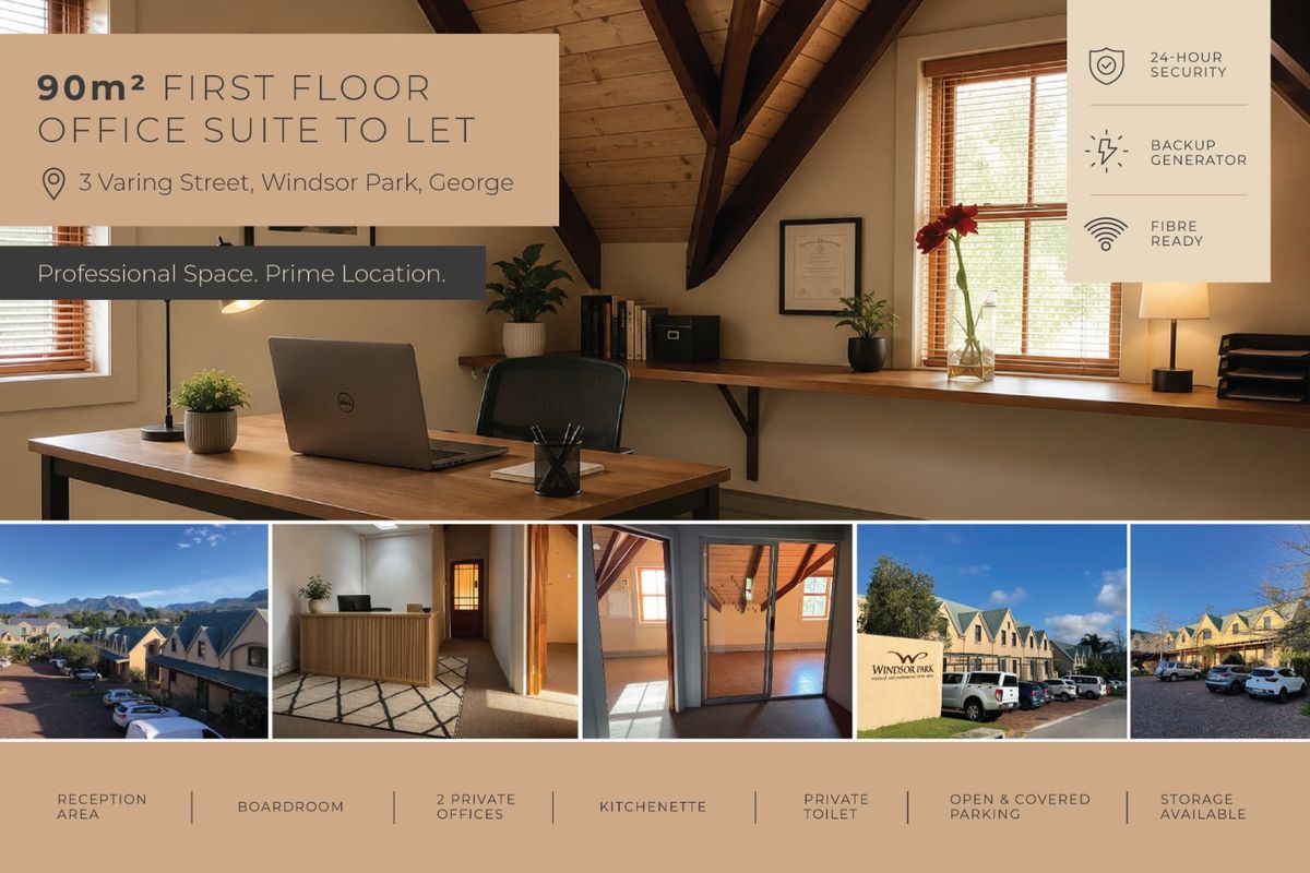 A promotional collage showcasing a 90m2 commercial office suite featuring reception, boardroom, private offices, kitchenette, and parking facilities in Windsor Park, George.