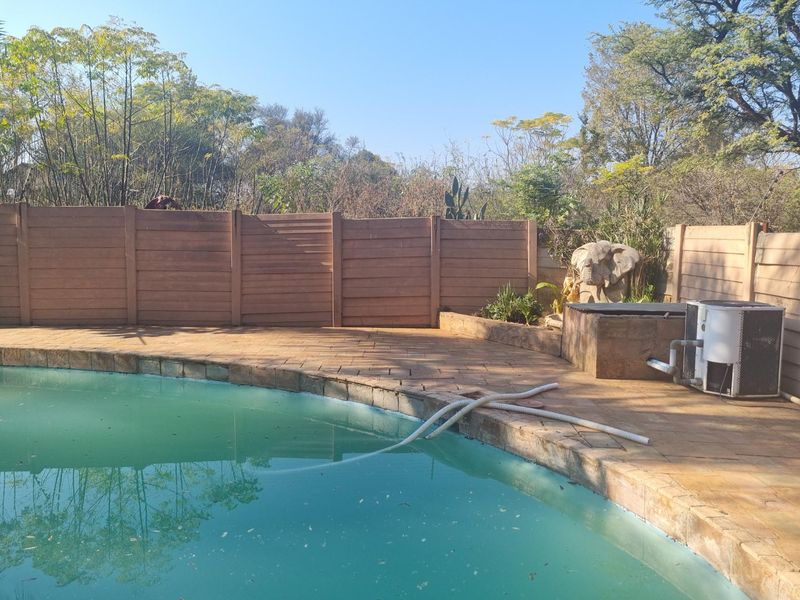 Outdoor pool area featuring a paved deck, precast boundary wall, and pool filtration system, requiring maintenance to improve water clarity and overall condition.