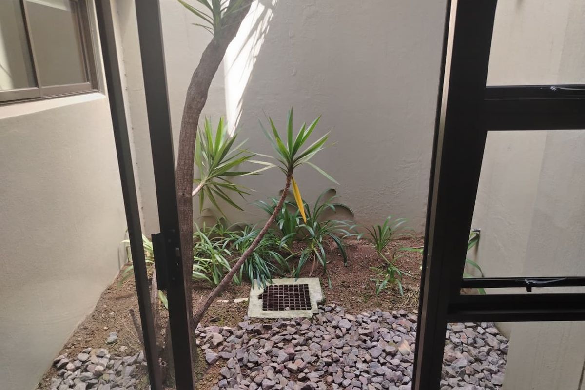 A small, enclosed rear courtyard area featuring gravel landscaping, a drainage grate, and a boundary wall, viewed through a sliding door.