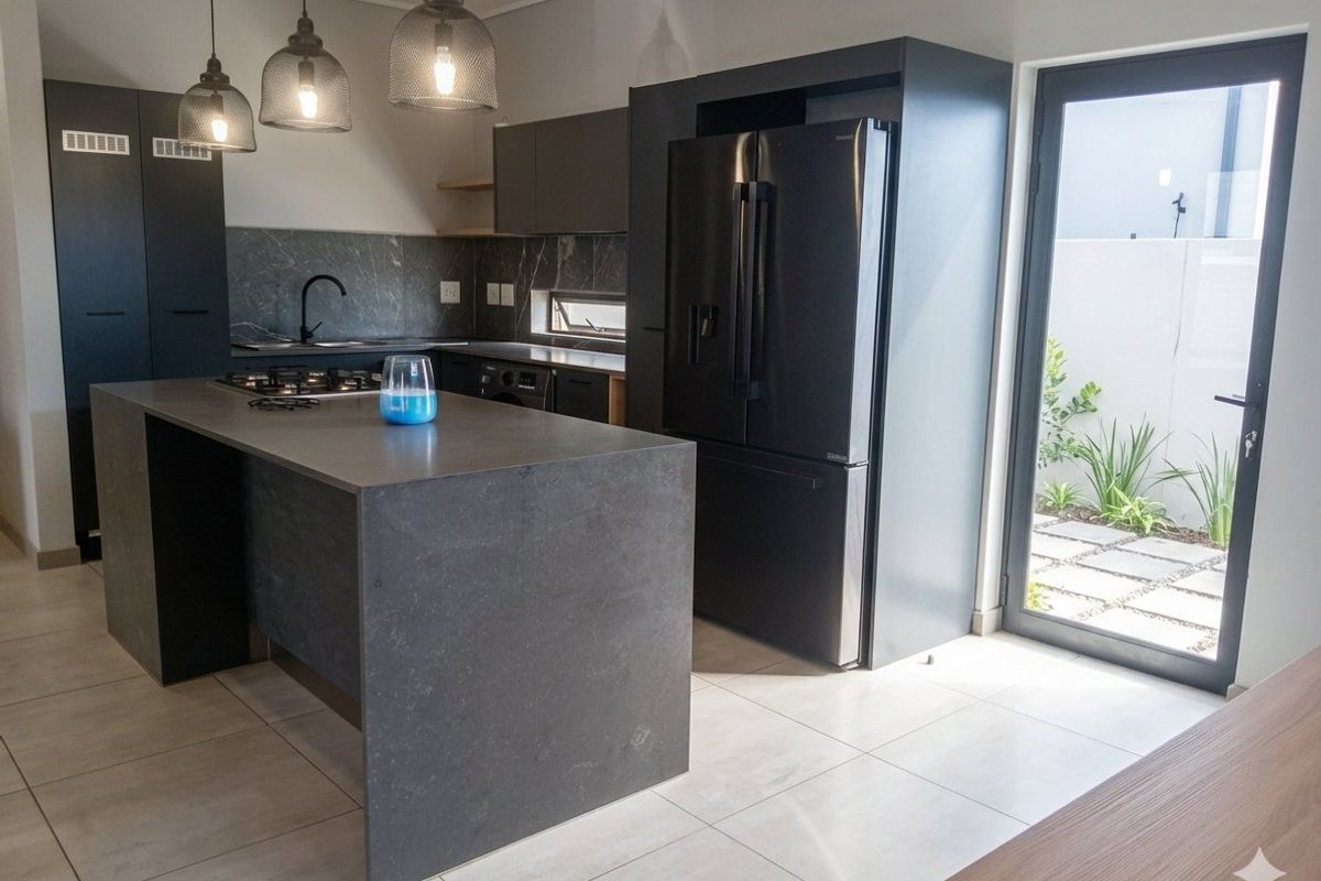 Modern kitchen featuring dark cabinetry, a central island with a gas hob, stone countertops, and direct access to an outdoor patio area.