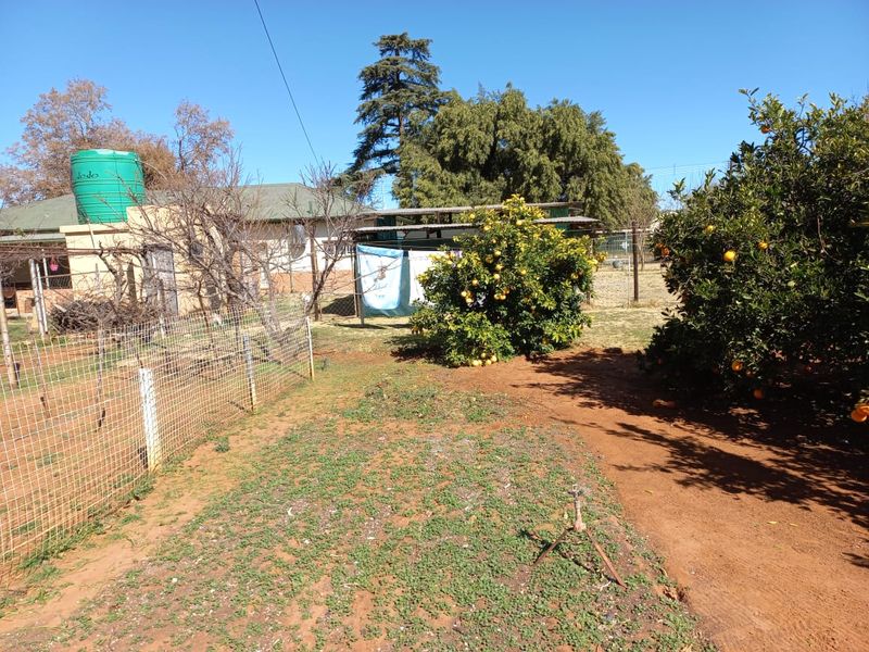 A spacious backyard garden featuring established fruit trees, a water storage tank, and wire fencing, offering potential for landscaping and outdoor development.