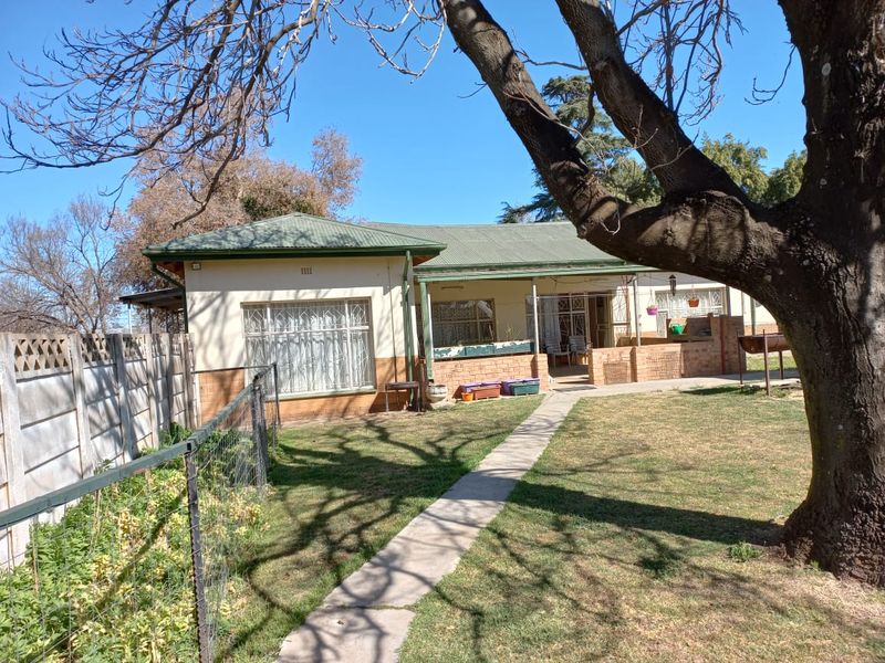 Rear view of the house featuring a covered patio, brick facade, concrete walkway, and a spacious garden with a built-in braai area.