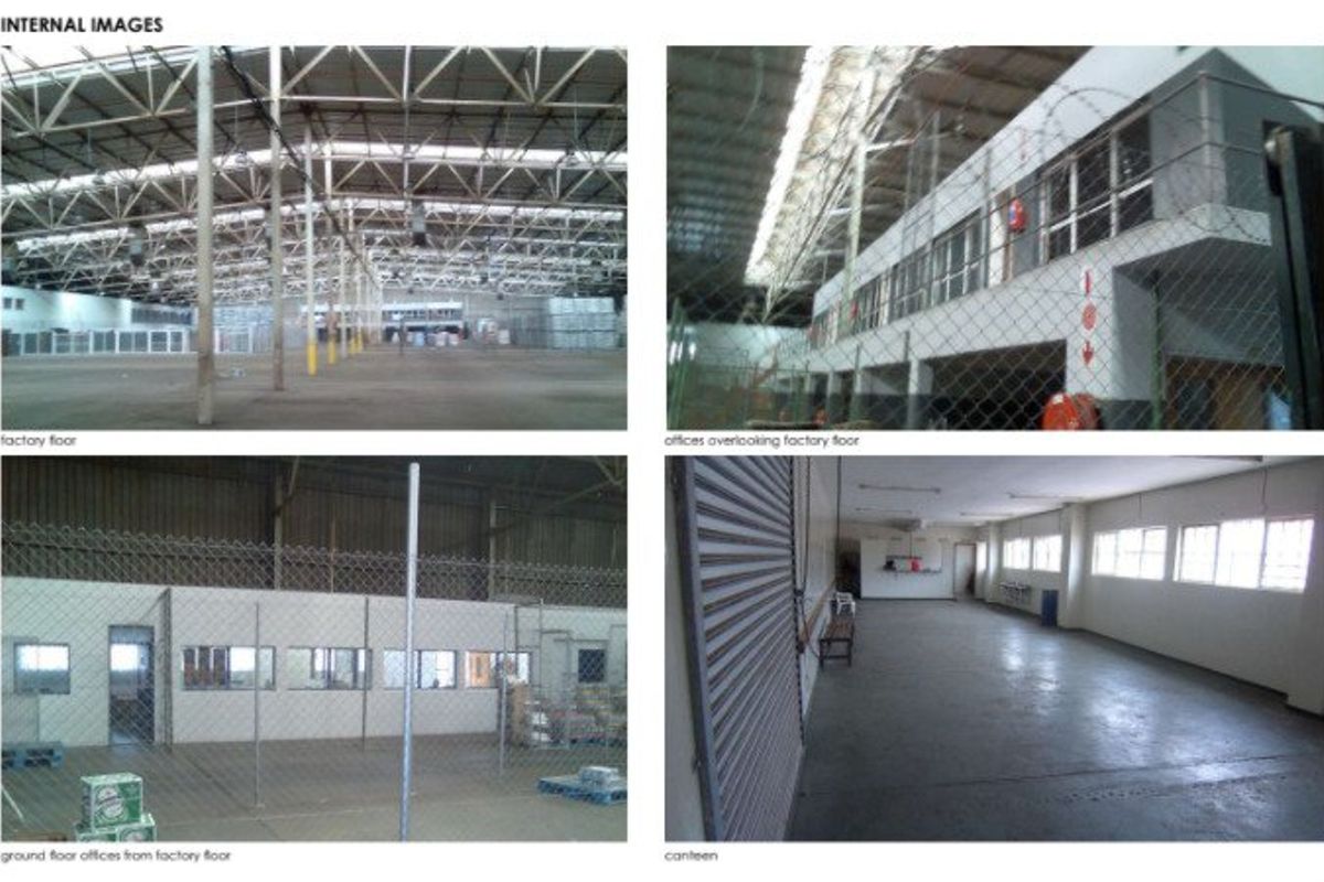 A composite image showing various internal views of an industrial facility, including the main factory floor, mezzanine offices, and canteen area.