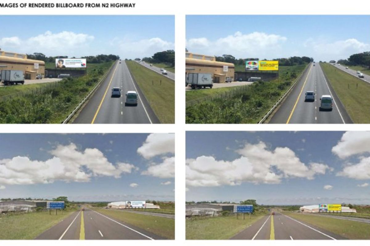 A composite view showing industrial property frontage and billboard placement along the N2 highway.