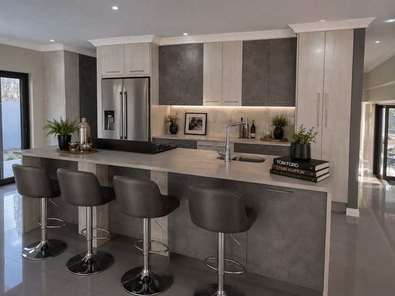 Modern kitchen featuring a large central island with stone countertops, integrated appliances, sleek two-tone cabinetry, and high-quality finishes throughout.