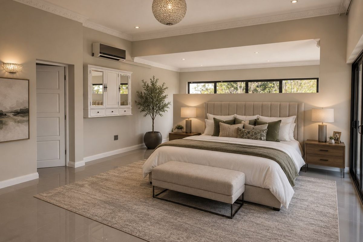 Spacious, well-appointed bedroom featuring crown molding, recessed lighting, a split-system air conditioner, and large sliding glass doors leading to the exterior.