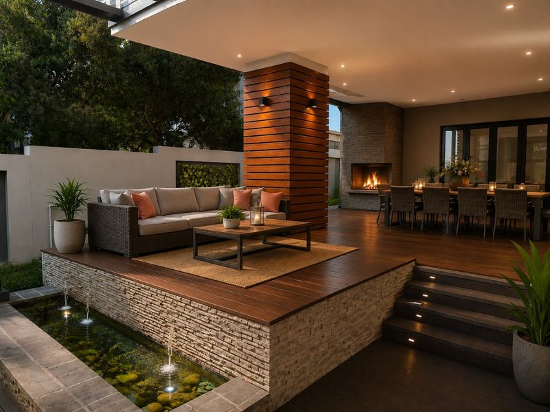 A luxurious covered patio featuring timber decking, a built-in fireplace, and a decorative water feature, creating an ideal space for outdoor entertaining.