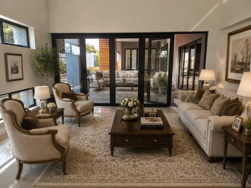 Elegant living room featuring high ceilings, tiled floors, and large black aluminium stacker doors providing seamless access to the outdoor patio area.