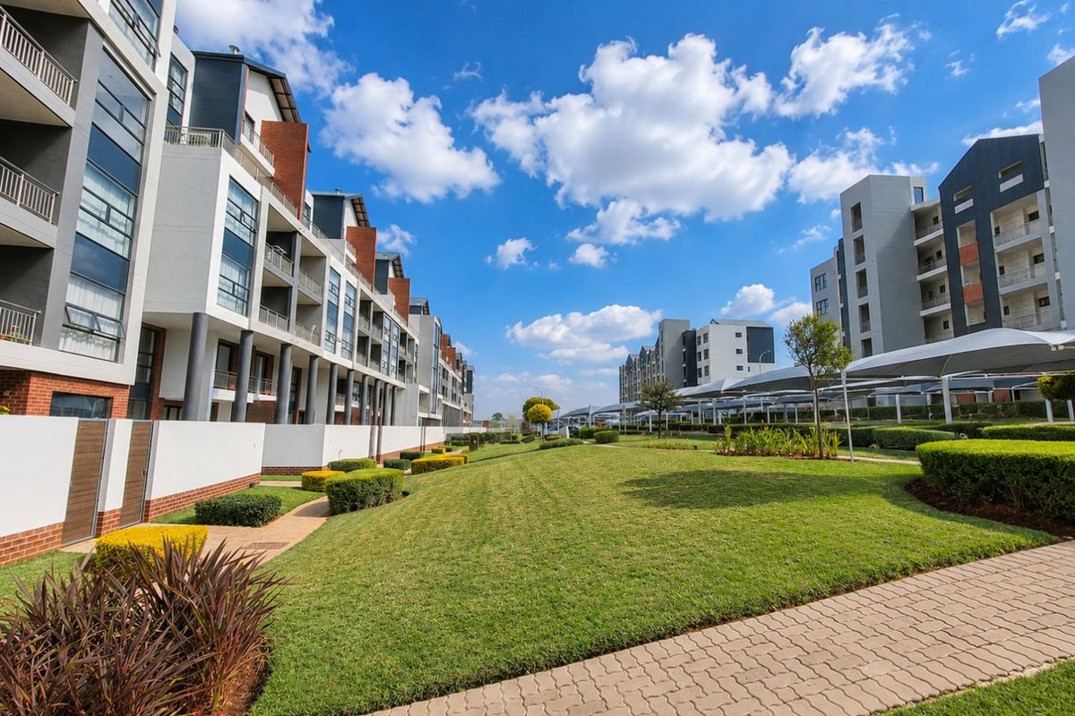 A well-maintained apartment complex featuring landscaped gardens, paved walkways, and covered parking areas between multi-story residential buildings.