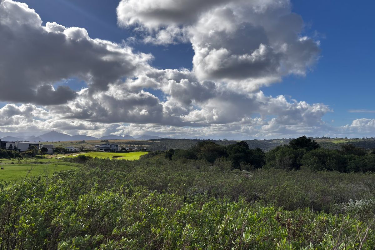 A scenic landscape view overlooking natural vegetation, rolling hills, and distant mountains under a cloudy blue sky.