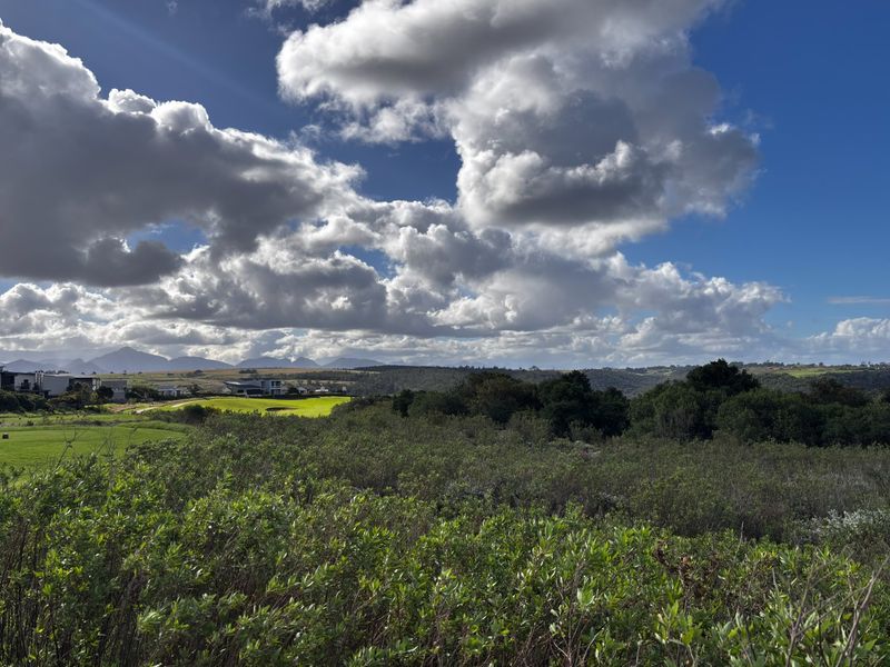 A scenic landscape view overlooking natural vegetation, rolling hills, and distant mountains under a cloudy blue sky.