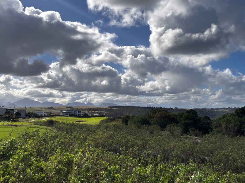 A scenic view overlooking a green landscape with distant mountains and a cloudy sky.