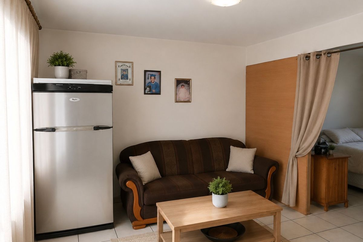 A functional living area featuring tiled flooring and neutral wall finishes, providing a comfortable space with direct access to an adjacent bedroom area.