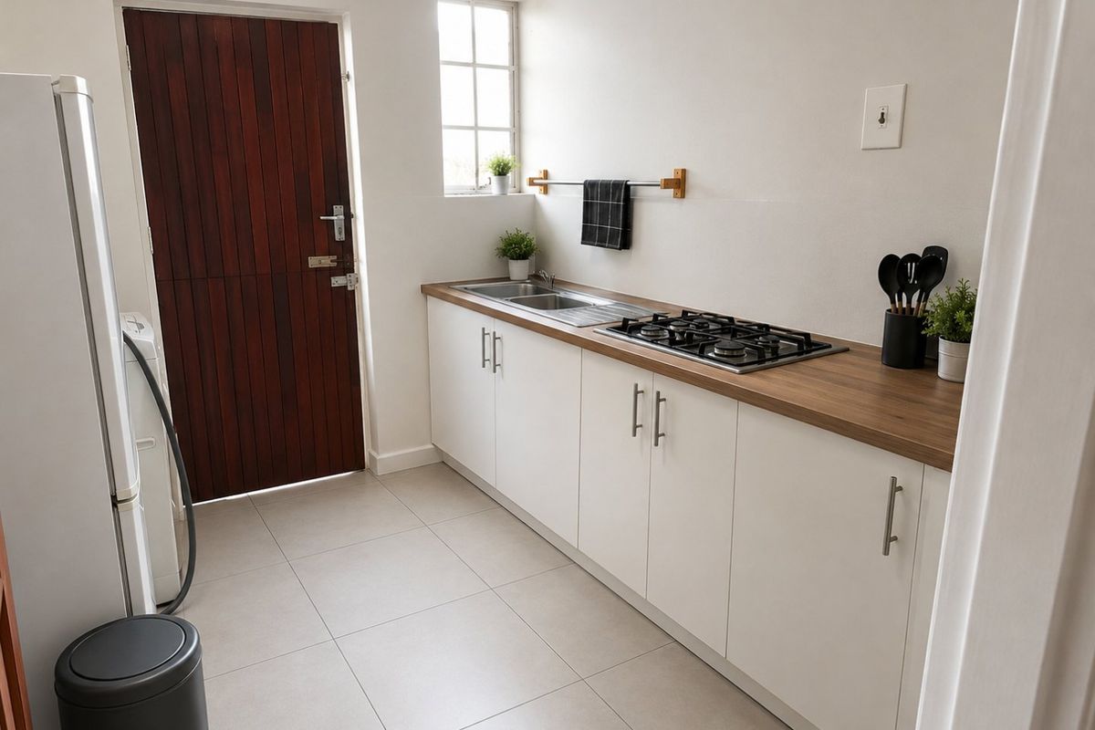 A clean, modern kitchen featuring white cabinetry, wood-look countertops, a gas hob, and a stainless steel sink, with direct access to an exterior door.
