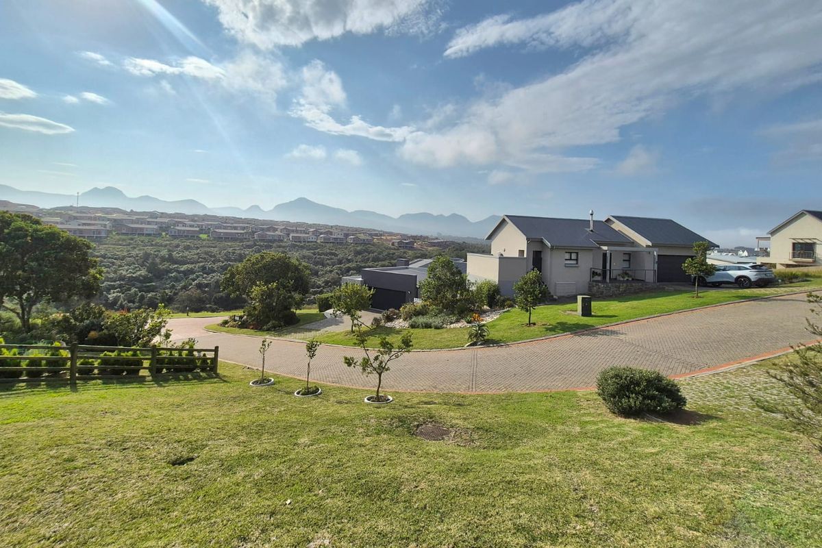 A scenic elevated view overlooking a residential estate with paved driveways, manicured lawns, and distant mountain vistas.