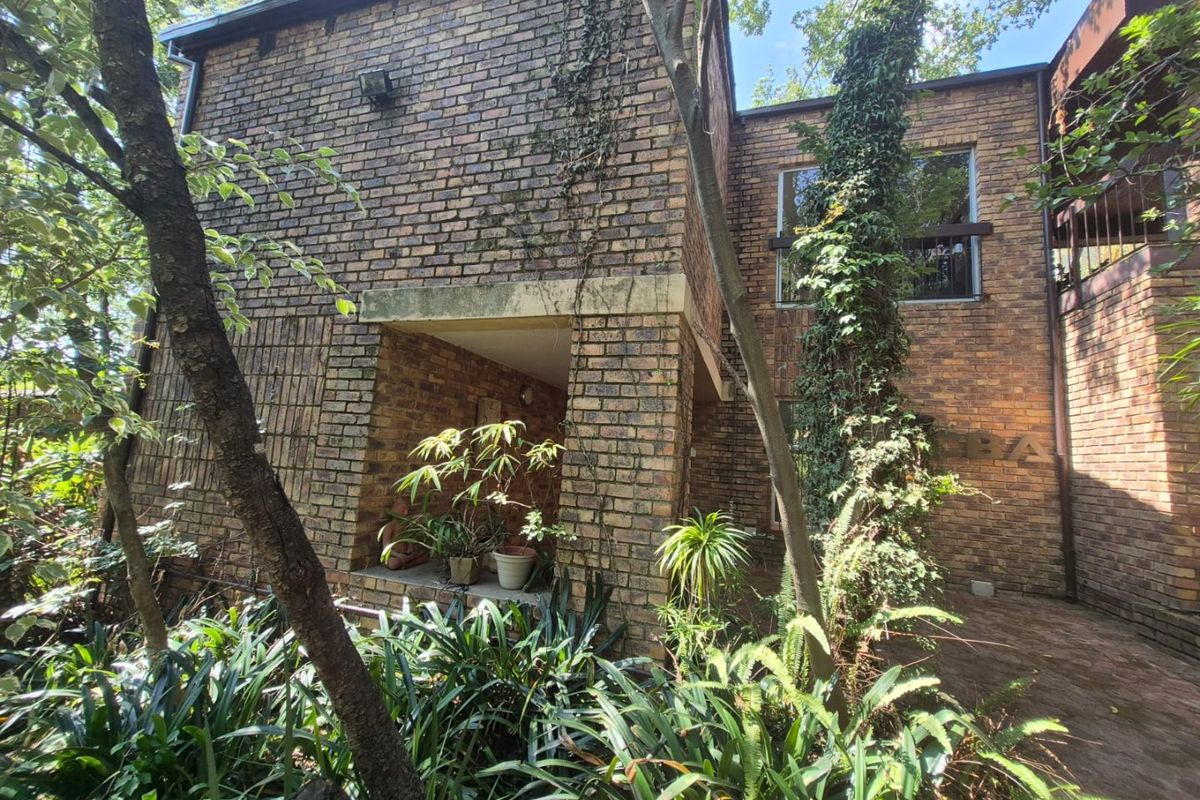 Rear exterior view of a multi-story brick house featuring a paved walkway and mature garden surroundings.