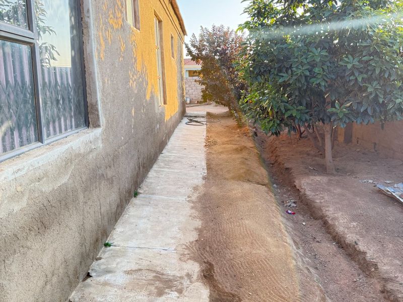 Side exterior view of the property featuring a concrete pathway, unfinished wall plaster, and mature trees along the boundary.