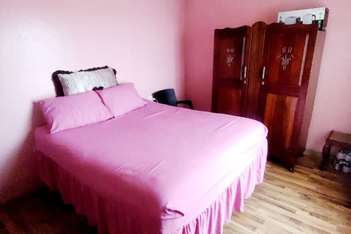A bedroom featuring pink walls and wood-look flooring, requiring cosmetic updates to improve the overall aesthetic and finish.