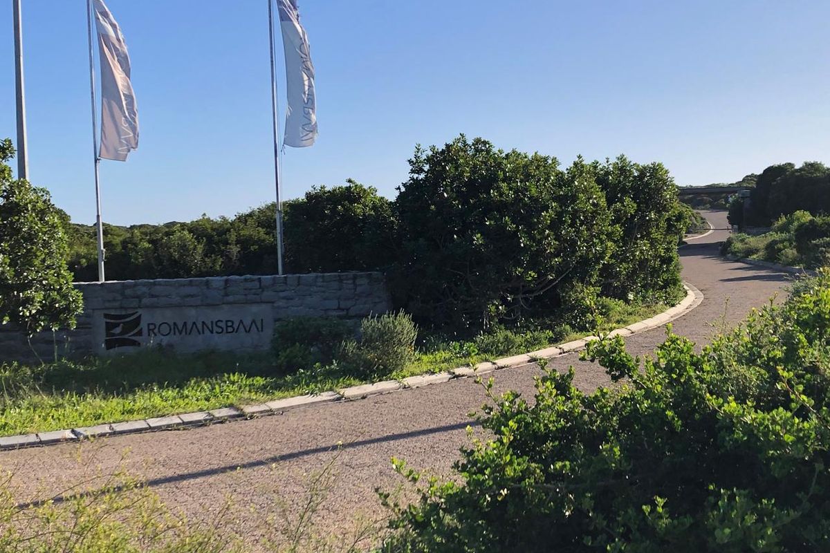 Entrance view of the Romansbaai estate featuring a stone signage wall, paved access road, and established landscaping.