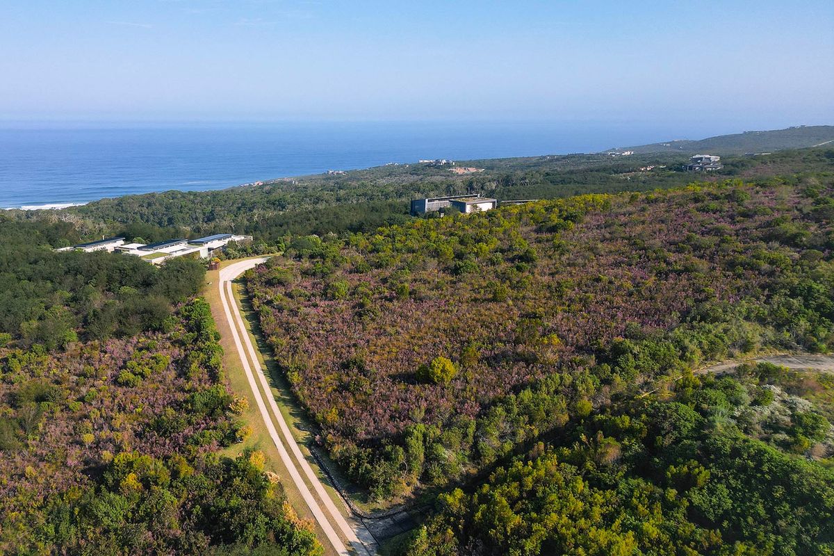 An aerial view of a vacant residential plot featuring a gravel driveway, surrounded by natural coastal vegetation with ocean views in the distance.