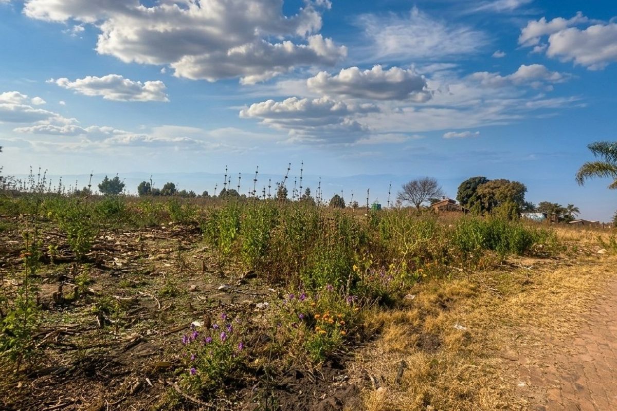 A view of an undeveloped residential plot featuring natural vegetation and open land under a clear blue sky.