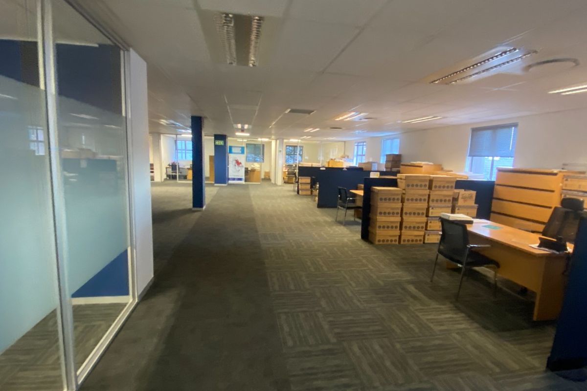 Spacious open-plan commercial office area featuring suspended ceilings, recessed lighting, and glass partitioning, offering a flexible layout for various business operations.