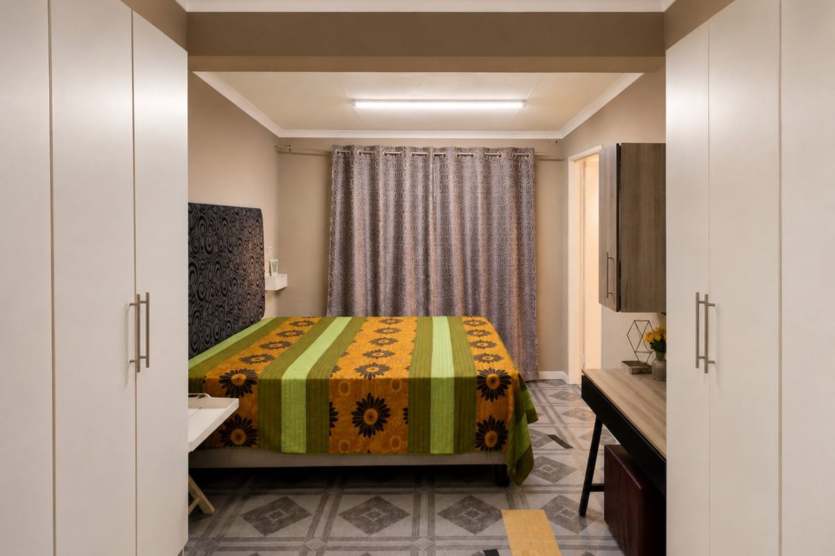 A bedroom featuring built-in cupboards and tiled flooring, providing a functional space with standard finishes.