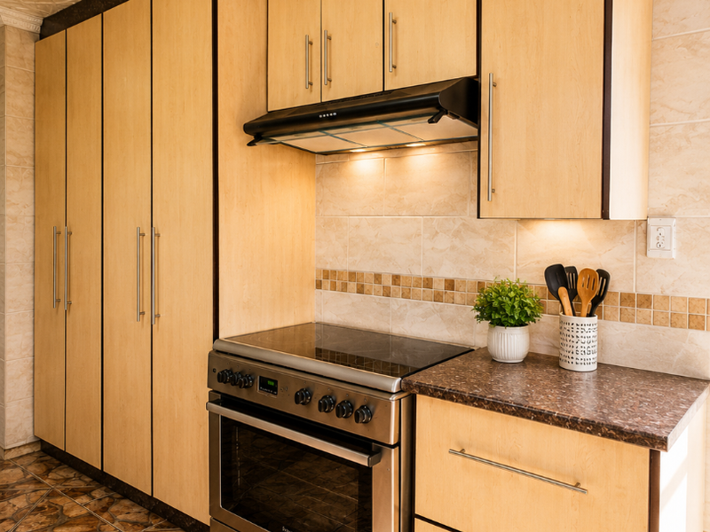 A functional kitchen featuring light wood cabinetry, dark laminate countertops, a stainless steel oven with electric cooktop, and decorative tiled flooring and backsplash.