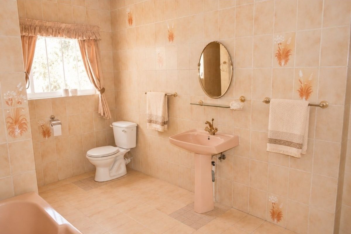 A dated bathroom featuring a pink pedestal sink and matching bathtub, complemented by neutral wall and floor tiles.