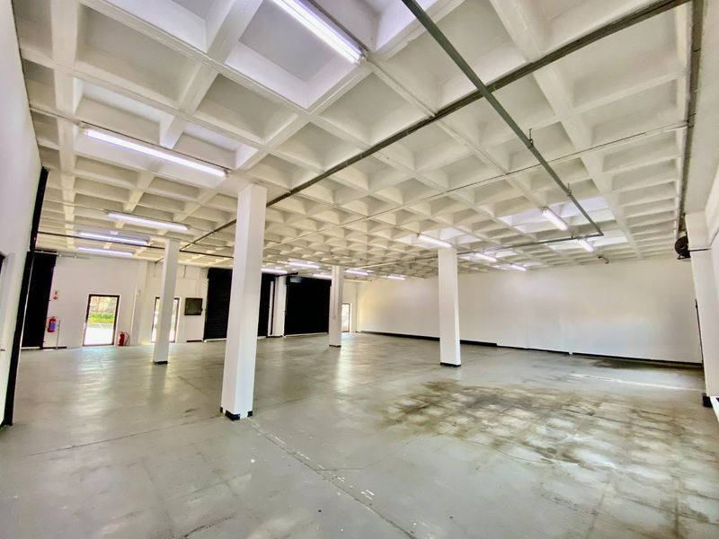 Spacious industrial warehouse unit featuring a high waffle slab ceiling, polished concrete flooring, and multiple roller shutter doors for easy access.