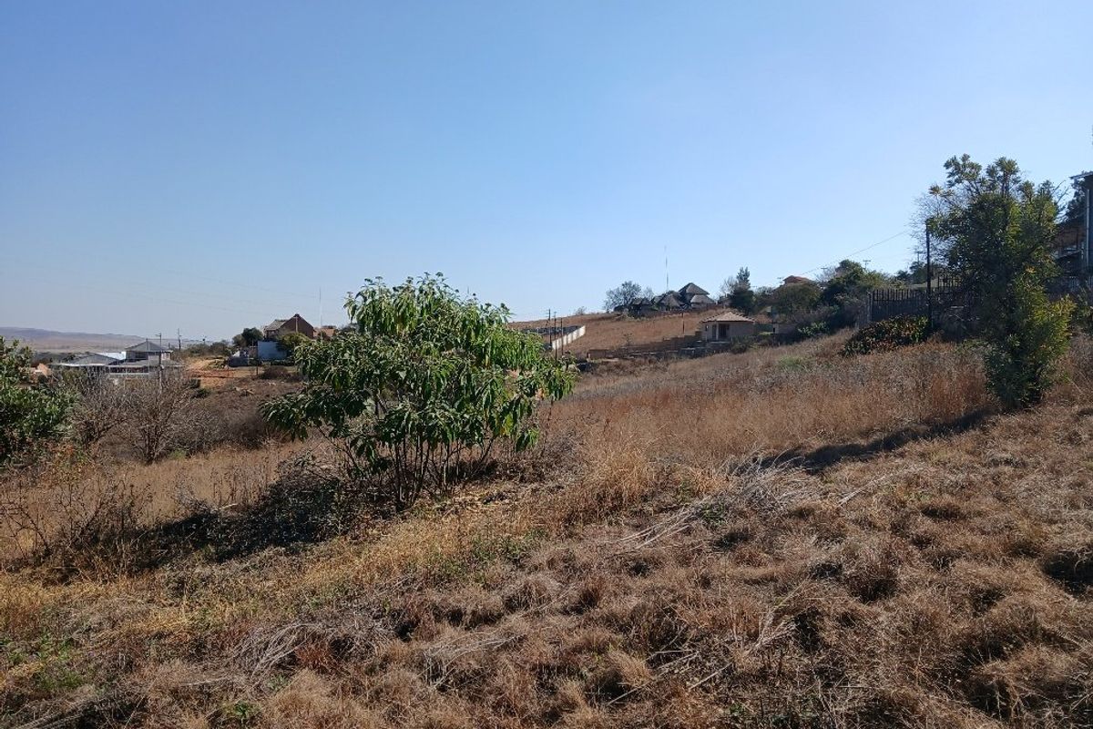 A view of the vacant residential land featuring sloped terrain and natural vegetation with surrounding neighborhood houses in the distance.