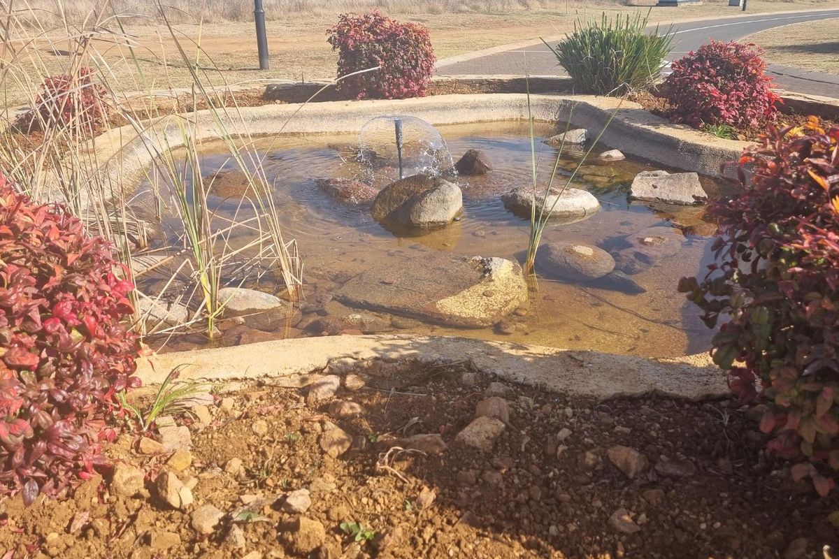 A landscaped garden area featuring a small stone-lined water feature with a central fountain, surrounded by established shrubs and natural terrain.