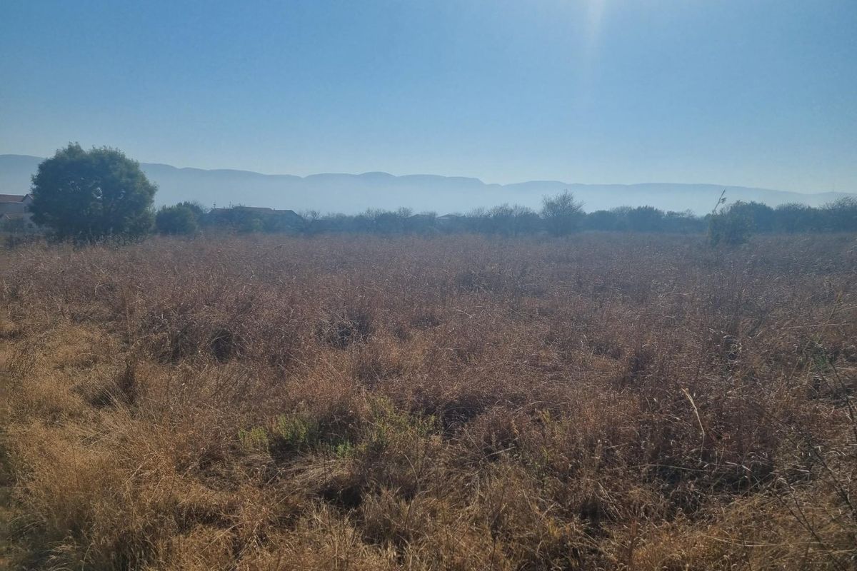 A wide-angle view of the vacant residential land featuring dry grass and distant mountain scenery under a clear sky.