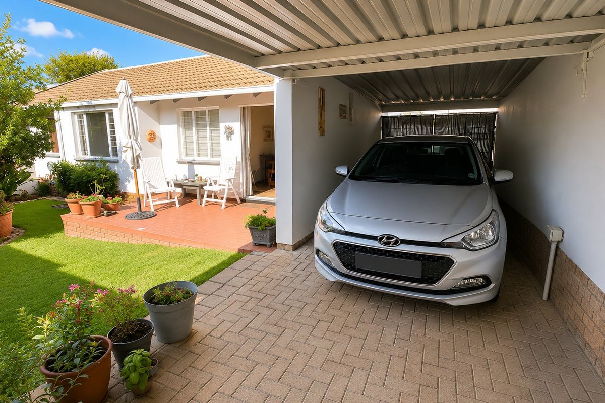 Rear view of the townhouse featuring a covered carport, paved driveway, tiled patio area, and a well-maintained garden lawn.