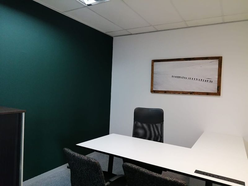 A professional office space featuring a dark green accent wall, suspended ceiling with recessed lighting, and neutral carpet flooring.
