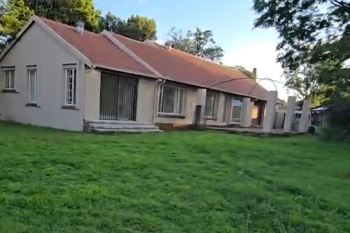 Rear view of a single-story house featuring a tiled roof, concrete patio area, and established garden space.