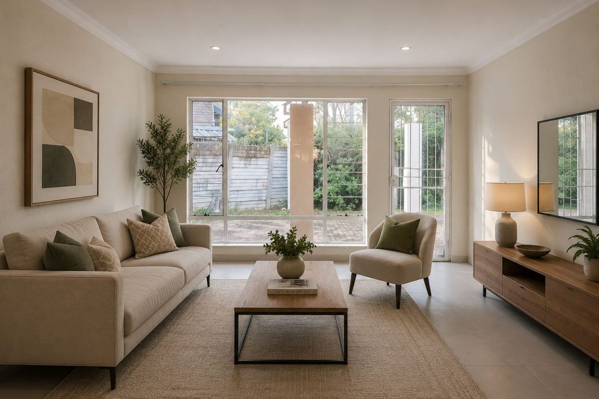 A bright and well-maintained living room featuring large windows, recessed lighting, and neutral tiled flooring, offering a comfortable and inviting atmosphere.