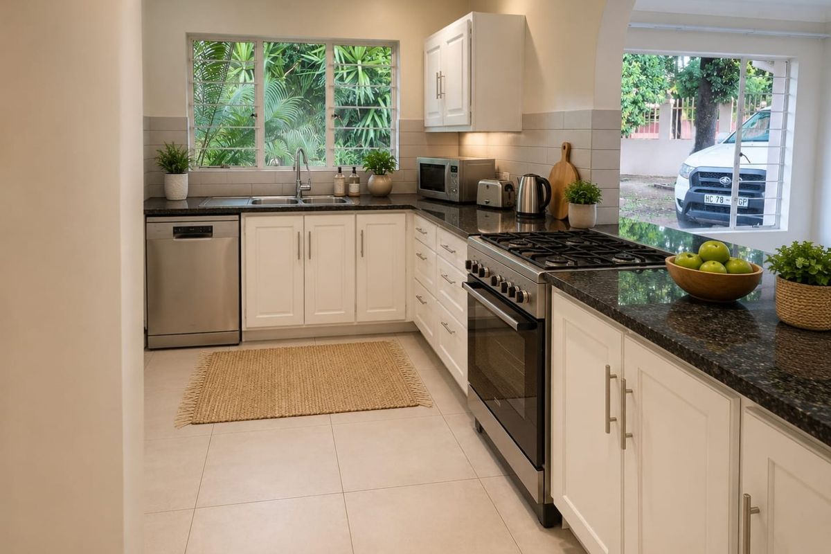 A well-maintained kitchen featuring granite countertops, white cabinetry, stainless steel appliances, and a tiled backsplash with a view of the garden.