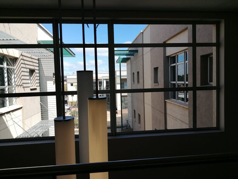 A view from an interior space looking out over a commercial building courtyard through large grid windows with modern pendant lighting.