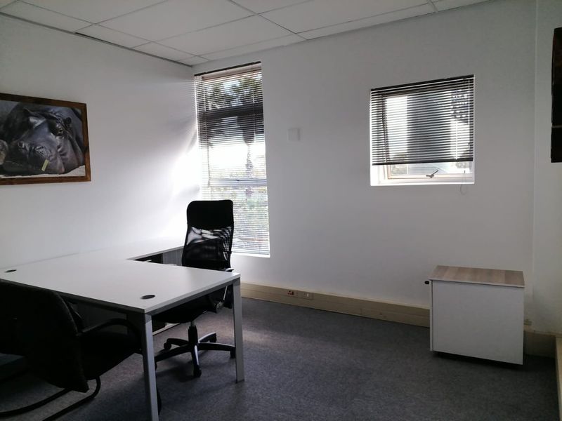A functional office space featuring carpeted flooring, a suspended ceiling, and natural light provided by windows with fitted venetian blinds.