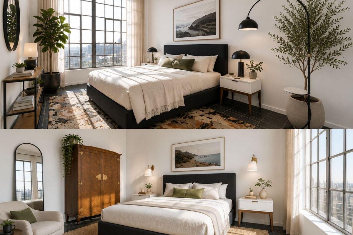 A well-lit bedroom featuring industrial-style steel frame windows, tiled flooring, and a ceiling fan, offering a modern and comfortable living space.